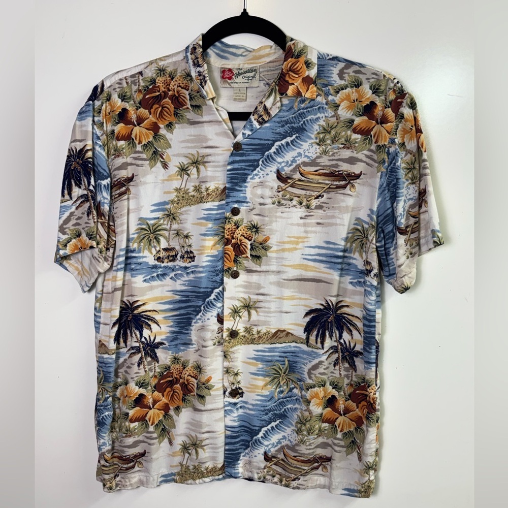 Hilo Hattie Men’s L Hawaiian Shirt Rayon Scenic Outrigger Canoe Hibiscus